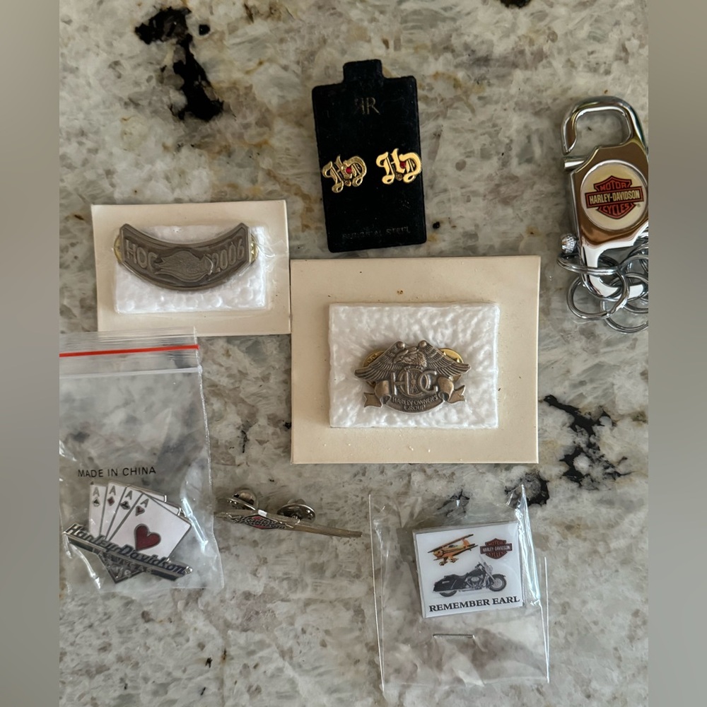 Harley-Davidson pins, earrings & key bob